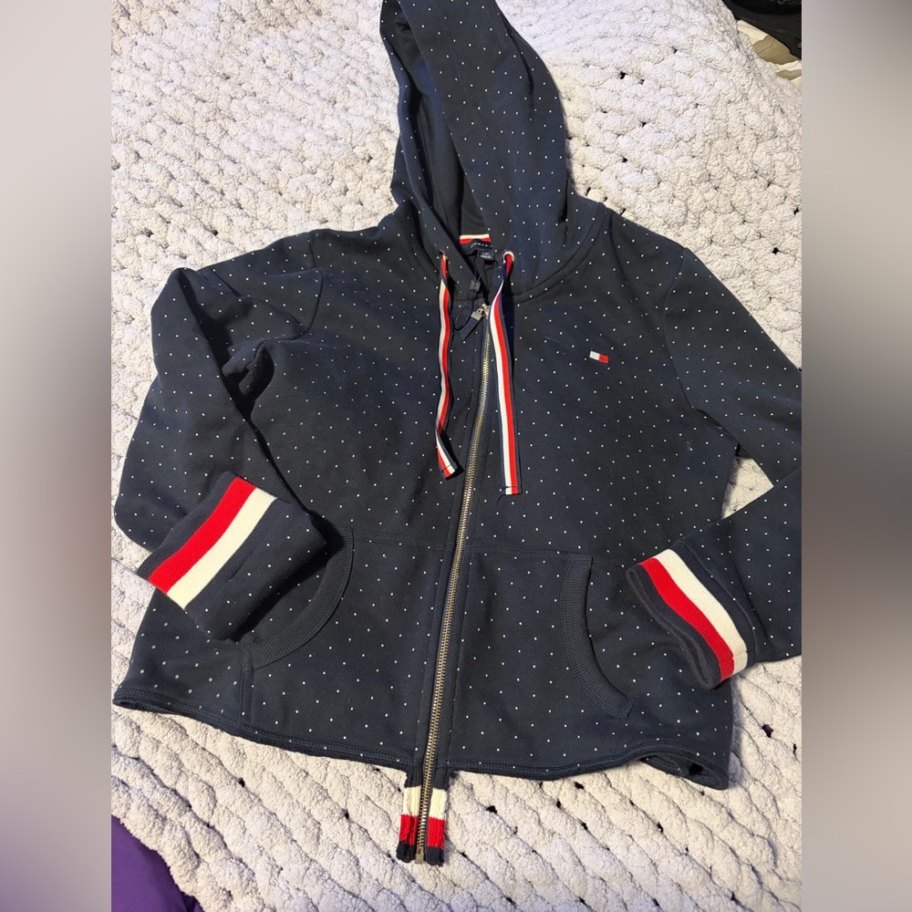 Tommy Hilfiger Kids Navy Hoodie with Red and White Details. Size large.